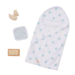 LULLABABY - SERVIETTE À CAPUCHE BLEU AVEC ACCESSOIRES POUR POUPÉE NOUVEAU-NÉE 35.5 CM